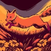 Running Fox in Flower Field Illustration vector