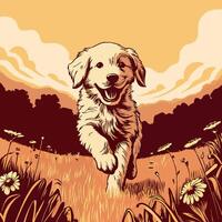 Golden Retriever Puppy Running in Meadow vector