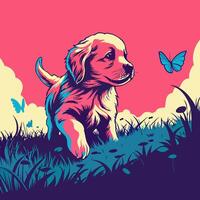 Golden Retriever Puppy in Grass with Butterflies vector