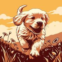 Golden Retriever Puppy Running in Field vector