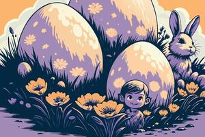 Elf, Bunny, and Giant Eggs in Flower Field vector