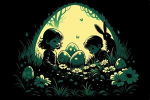 Kids Finding Easter Eggs with Bunny vector