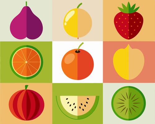 Flat Fruit Icons Pear, Strawberry, Watermelon
