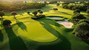 Aerial view of green grass and trees on a golf fields. green golf course in summer. Top view. photo