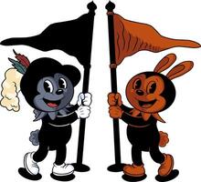 Two groovy cartoon rabbits stand side-by-side, each holding a flag of labor resistance.symbolizes the unified yet non-violent struggle of workers advocating for their rights and well-being on May Day. vector