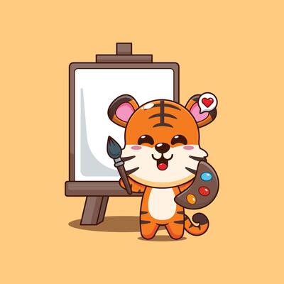 Cute tiger cartoon illustration wants to paint on canvas