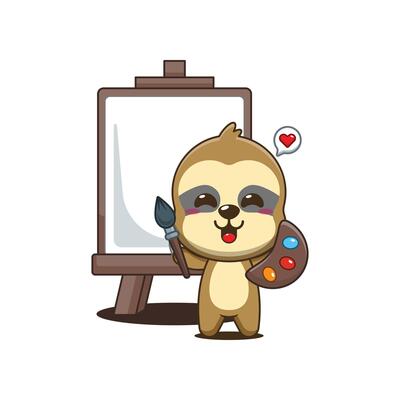 Cute sloth cartoon illustration wants to paint on canvas
