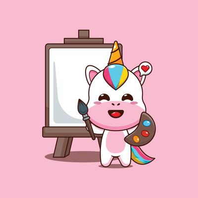 Cute unicorn cartoon illustration wants to paint on canvas
