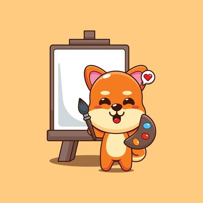 Cute shiba inu cartoon illustration wants to paint on canvas
