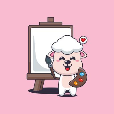 Cute sheep cartoon illustration wants to paint on canvas