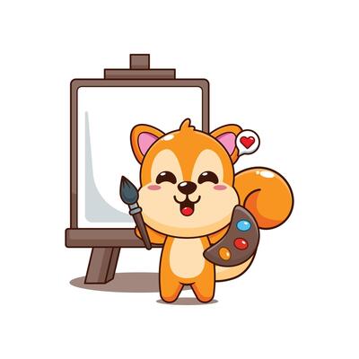 Cute squirrel cartoon illustration wants to paint on canvas