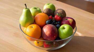 Fresh Mixed Fruit Bowl on Table Surface photo