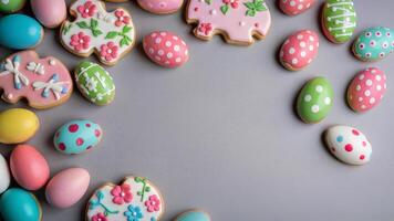 Colorful Easter Cookies and Eggs on Gray Background, empty blank space for text photo