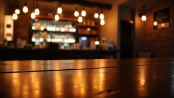 Cozy Bar Ambiance with Warm Lighting and Smooth Wooden Table photo