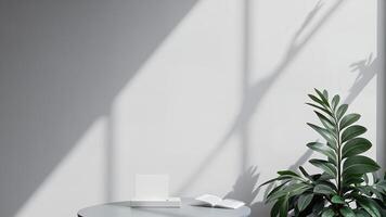 Minimal Workspace With Plant And Shadow Play,empty blank space for text photo