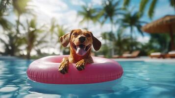 Happy dog enjoys summer vacation floating on inflatable ring in a sunny resort swimming pool surrounded by palm trees photo