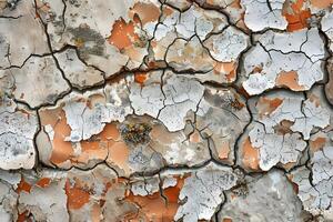 Cracked Paint Surface Texture A Detailed Exploration of Weathered Paint with Diverse Colors and Patterns, Showing Signs of Age and Decay, Featuring Abstract Art Elements. photo