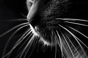 Exploring the Intricate Details A Close-Up Study of a Cat's Whiskers, Revealing Their Amazing Structure and Function with Stunning Black and White Photography, Showcasing Nature's Elegance. photo