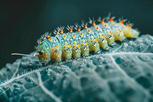 Vibrant Caterpillar Crawls Across a Leaf, Detailed Close-Up of an Insect's Colorful Body and Unique Texture, Showing Nature's Wonders with Exquisite Detail, Amazing Macro Photography in Vivid Color. photo