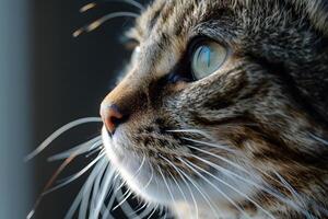 Close-Up of a Tabby Cat's Profile, Featuring Whiskers, Fur Texture, and Eyes, Gazing Intently into the Distance with Curiosity and Grace. photo