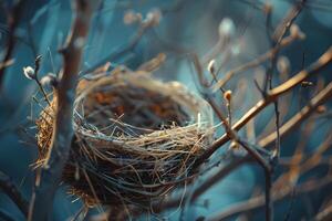 Empty Bird Nest on a Branch A Delicate Structure of Twigs and Grass, Crafted with Nature's Materials, in a Tranquil Spring Setting, Showing Resilience and Hope. A Symbol of Beginnings and New Life. photo