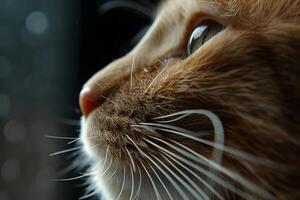 Close-Up View of a Ginger Cat's Face, Whiskers, and Eyes Detailed Look at Feline Features, Textures, and Colors Exploring the Beauty of Domestic Animals with Stunning Macro Photography. photo