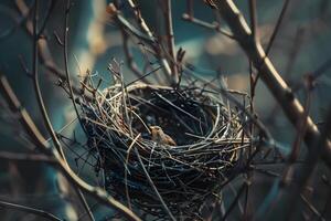 A Tiny Bird Carefully Nestles in a Twiggy Nest Built Amongst Bare Branches, Creating a Serene Winter Scene, Showcasing Nature's Resilience and Beauty. photo