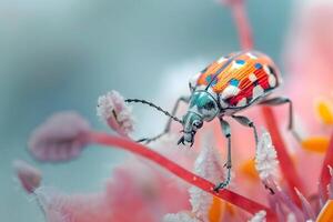 Vibrant Beetle Crawls on Delicate Flower A Close-Up View of Insect and Bloom in Stunning Detail, Showcasing Nature's Vivid Colors and Intricate Patterns, Revealing the Beauty of the Natural World. photo