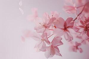Delicate Pink Blossoms Gently Falling A Serene Springtime Bloom Display with Petals Dancing on the Breeze, Creating a Tranquil and Peaceful Atmosphere. Nature's Beauty in Full Bloom. photo