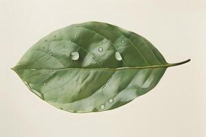 Close-Up View of a Single Green Leaf with Water Droplets, Showing Intricate Veins and Texture A Study in Natural Beauty and Serenity, Exploring the Wonders of Nature's Design. photo