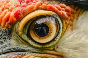 Close-Up View of Avian Eye Observing Intricate Detail and Stunning Color of a Bird's Eye, Featuring Unique Feather Texture and Vibrant Hues in Nature. photo