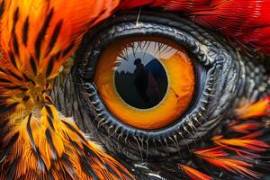 Exploring the Avian Eye A Macro View of a Bird's Eye, Detailed Iris and Vivid Feathers, Illuminating the Beauty of Nature's Design with Intricate Detail and Stunning Color. photo