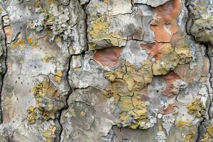 Abstract Tree Bark Texture A Close-Up Study of Cracked, Peeling, and Multicolored Patterns with Lichen Growth, Revealing Natural Art in Nature's Masterpiece. photo