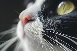 Close-Up Cat Whiskers Exploring the Intricate Details of Feline Facial Features, Revealing the Amazing Texture and Patterns of a Cat's Nose and Fur with Stunning Clarity. photo