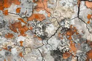 Cracked Paint Texture Abstract Orange and Gray Surface with Lichen Growth, Showing Aged and Weathered Detail, Perfect for Design Projects and Backgrounds. photo