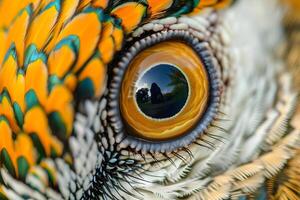 Exploring the Avian Eye A Detailed Macro View of Bird's Eye Structure and Vivid Feather Colors, Reflecting Nature's Beauty with Exquisite Details and Intricate Patterns. photo