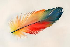 Vibrant Bird Feather Displays Exquisite Color Gradient A Close-Up Study of Natural Beauty with a Focus on Texture and Hue, Revealing the Intricate Details of Avian Plumage. photo