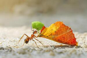 Ants Transporting Leaves A Tiny Creature's Incredible Strength and Determination in Nature's Ecosystem, Demonstrating Teamwork and Perseverance in the Wild. photo