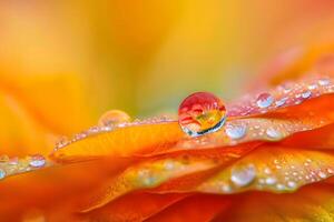 Macro Photography Dewdrops Reflecting Vivid Colors on Orange Petals, Creating a Stunning Visual Masterpiece with Nature's Artistic Flair and Captivating Details. photo