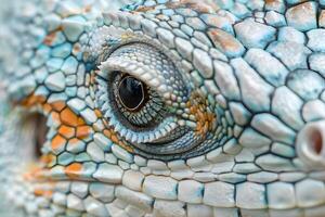 Close-Up of a Reptile's Eye and Scaled Skin Detailed Texture, Vibrant Colors, and Intricate Patterns of a Lizard's Eye and Face, Showcasing Nature's Artistic Mastery in Stunning Detail. photo
