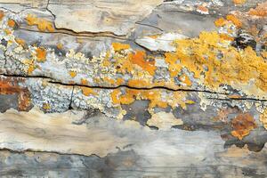 Close-Up View of Yellow and Gray Lichen Growth on Weathered Wood, Displaying Textured Patterns and Natural Decay Processes. Abstract Nature Photography. photo