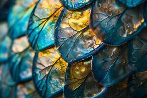 Mesmerizing Teal and Gold Leaf Textures A Close-Up Exploration of Intricate Veins and Shimmering Surfaces, Revealing Nature's Artistic Mastery in Exquisite Detail. A Visual Symphony of Color and Form. photo