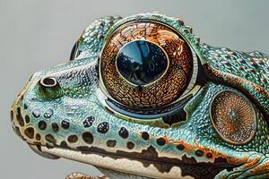 Close-Up View of a Frog's Eye Detailed Textures and Intricate Patterns Displaying Vibrant Colors, Revealing the Amazing Complexity of Nature's Design with Stunning Macro Photography. photo