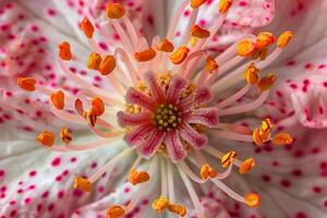 Close-Up View of Flower's Intricate Stamens and Pistil Detailed Macro Photography of Delicate Petals with Vivid Colors, Revealing Nature's Exquisite Design and Botany's Wonders. photo
