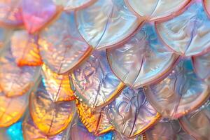 Exploring Iridescent Glass Scales A Close-Up View of Colorful, Textured, and Luminous Glass Art, Revealing Intricate Details with Stunning Visual Appeal. photo