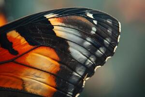 Close-Up View of a Butterfly Wing's Intricate Details A Study in Nature's Artistic Design and the Complex Structure of Insect Wings, Showcasing Vibrant Colors and Patterns with Exquisite Detail. photo
