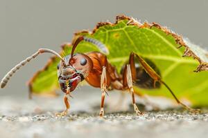 Red Wood Ant Carrying Leaf Close-Up View of Insect's Strength and Amazing Detail, Nature's Tiny Architect Demonstrating Incredible Power in its Natural Habitat. photo