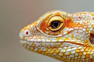 Close-Up View of a Reptile's Eye and Scaly Skin Detailed Textures and Patterns of a Lizard's Face, Showing Intricate Details with Vivid Colors, Reveals the Beauty of Nature's Design. photo