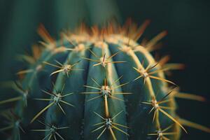 Close-Up View of a Cactus Observing the Intricate Details of Spines, Texture, and Color of a Desert Plant, Showcasing the Resilience and Beauty of Nature's Designs in Arid Environments. photo