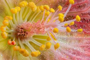 Macro Photography Reveals Intricate Flower Details Stamen, Pistil, Petals, Dew Drops, and Vibrant Colors in Stunning Close-Up. Nature's Artistic Masterpiece with Breathtaking Flora. photo